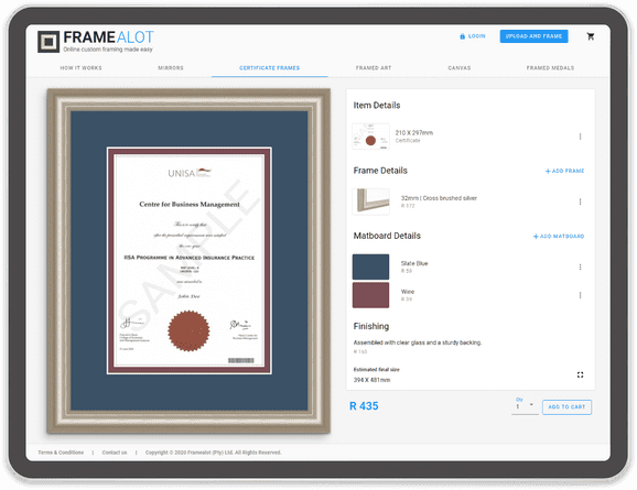 The Framealot frame builder: a certificate in a brushed silver frame with slate blue and wine matboards, beside the item, frame and matboard details and a price
