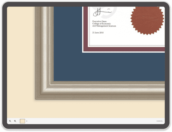 The zoom view: a close-up of the corner of the silver frame and its matboards