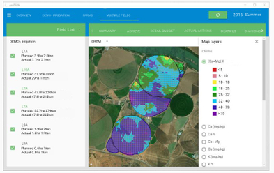GeoFarm: a field list with planned and actual hectares beside a satellite map of centre-pivot fields shaded by soil chemistry