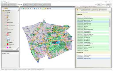 GeoLIS: a desktop window with map layers on the left, a map of land parcels in the middle and a list of records on the right